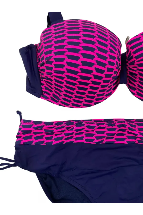Kadın Fuşya Zincir Desenli Büyük Beden Astarlı Lacivert Bikini Takım HZL25S-LC3303