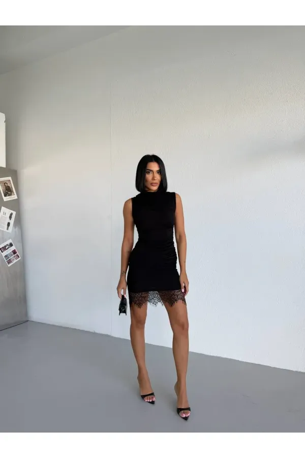 Women's Black Sleeveless Lace Detail Sandy Mini Dress HZL26S-FRY123921 Women's Black Sleeveless Lace Detail Sandy Mini Dress HZL26S-FRY123921