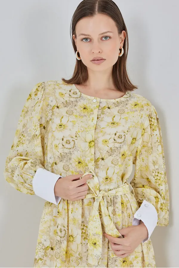 Kadın Kuşaklı Uzun Elbise 2584 - Sarı