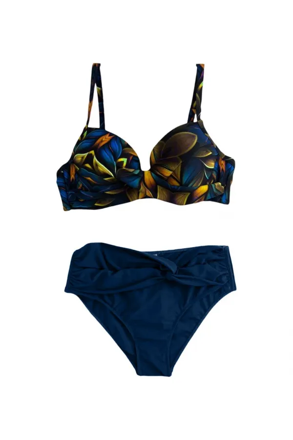 Women's Navy Blue Yellow Floral Patterned Lined Plus Size Bikini Set HZL25S-LC24108