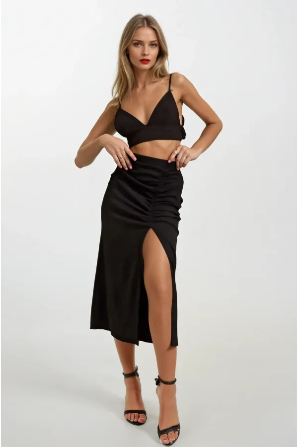 Women's Black Elastic Waist Slit Long Skirt HZL22S-BD118801
