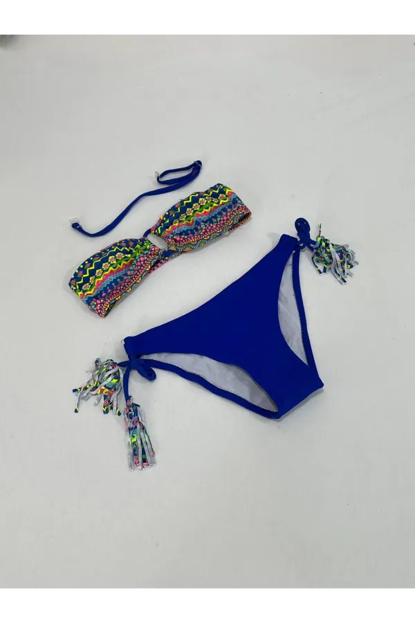 Ensemble bikini triangle bleu à doublure multicolore pour fille, 4-12 ans, HZL24S-LC1904