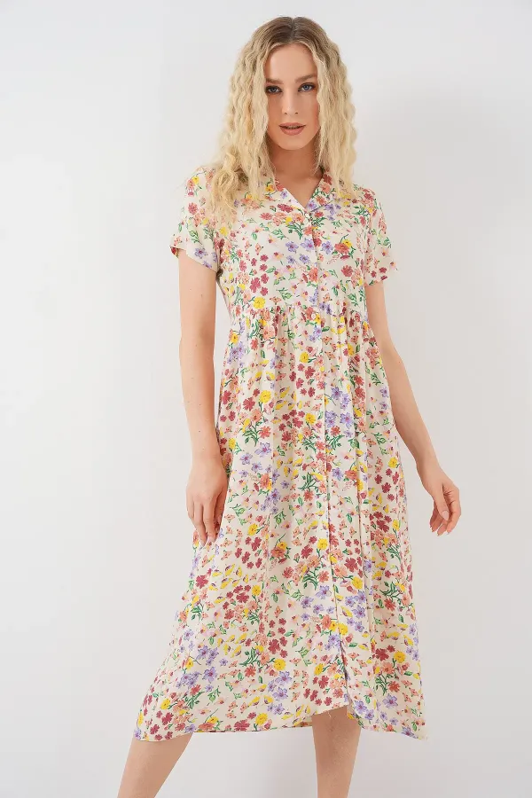 Kadın Boydan Düğmeli Kısa Kol Çiçekli Elbise 2561 - Krem