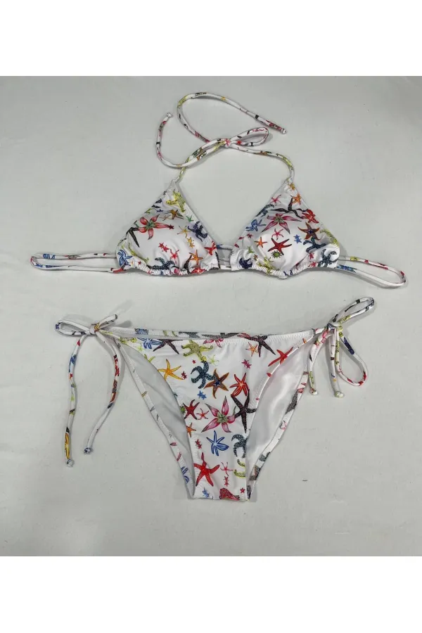 Ensemble bikini triangle dos nu à motif étoile blanche pour femme HZL25S-LC5005