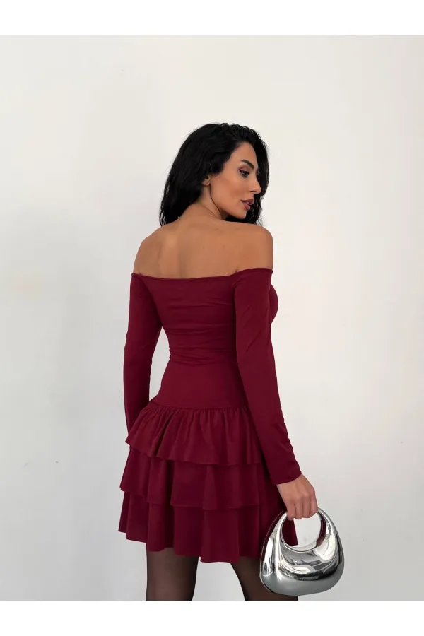 Women's Burgundy Strapless Neckline Layered Skirt Detail Mini Dress HZL25W-FRY123581
