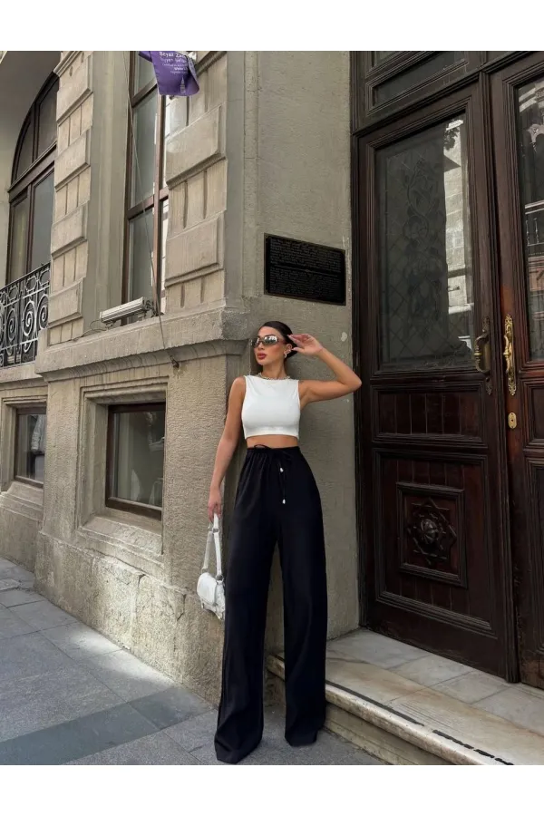 Kadın Siyah Yüksel Bel Lastikli Beli Bağlamalı Cepli Geniş Paça Pantolon HZL24S-VL191151