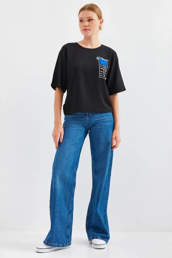 911 Printed Knitted Basic T-Shirt - Black