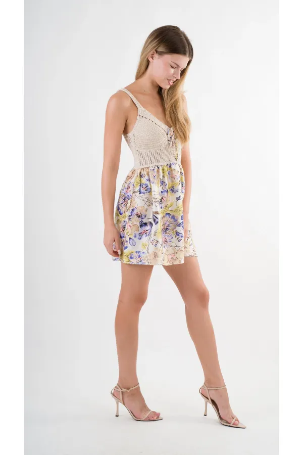 Kadın Mor Önden İp Bağlamalı Ajurlu Model Saten Yüzeyli Mini Elbise HZL24S-YY250