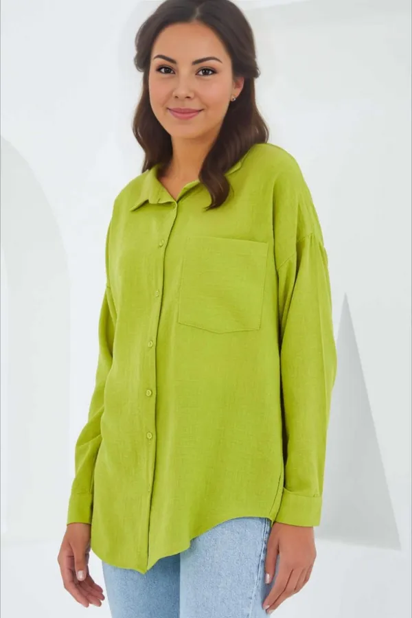 Kadın Fıstık Yeşil Tek Cepli Oversize Keten Ayrobin Gömlek HZL24S-BD1201531