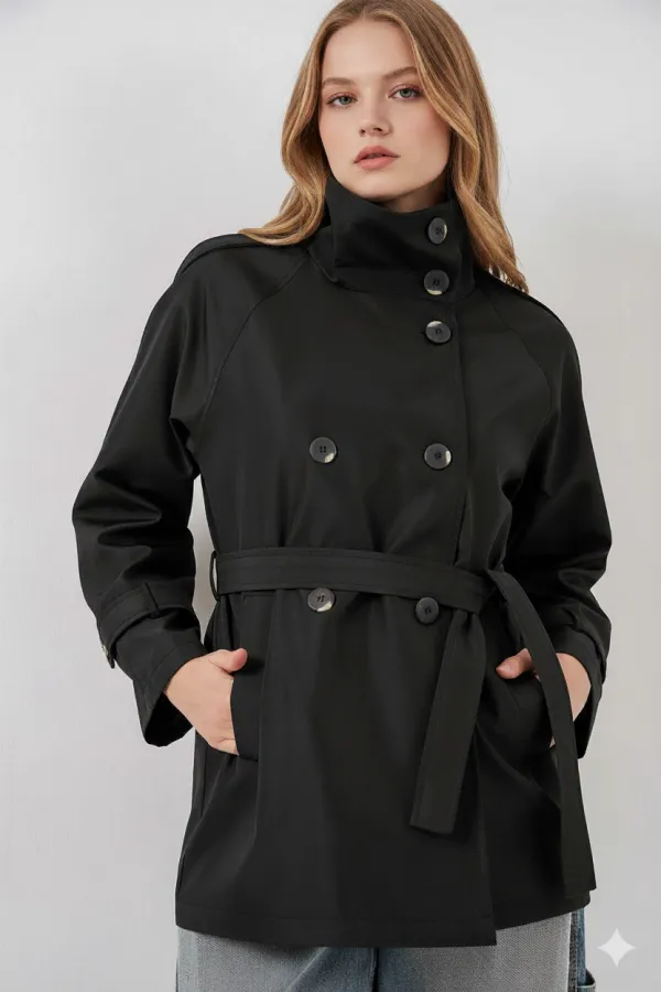 Women's Black Stand-up Collar Belted Lined Short Trench Coat HZL25W-BD159801
