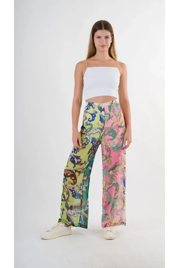Kadın Yeşil Pembe Desenli Yüksek Bel Bol Paça Pantolon HZL22S-YY284