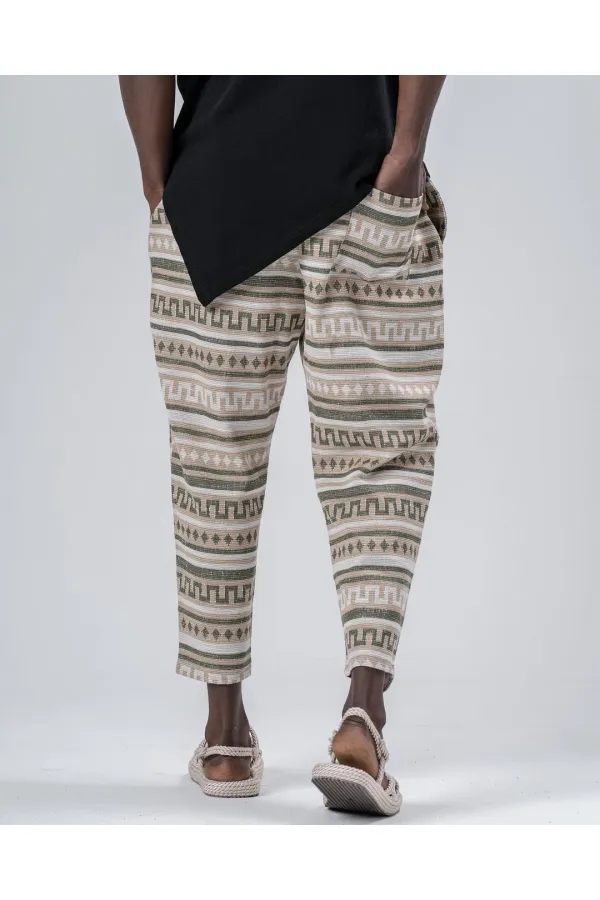 Men's Biscuit Khaki Patterned Tied Waist Straight Cut Trousers Sweatpants HZL24S-MXC8948-202