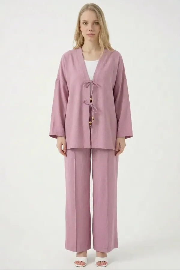Kadın Gül Kurusu Keten Bağlama Detaylı Kimono Pantolon İkili Takım HZL26S-BD167271 Kadın Gül Kurusu Keten Bağlama Detaylı Kimono Pantolon İkili Takım HZL26S-BD167271