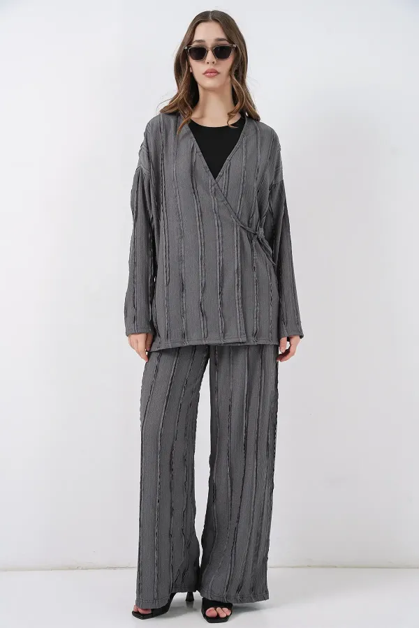 Ensemble deux pièces pantalon kimono en maille pour femme 30067 - Gris