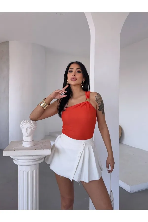 Chemisier orange asymétrique pour femme, détails en métal doré, HZL25S-FRY123111