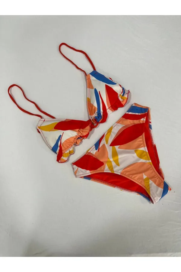 Kadın Çok Renkli Tropikal Desenli Astarlı Üçgen Bikini Takım HZL25S-AR1616