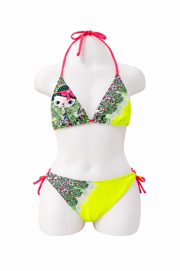 Ensemble bikini triangle à motif chaton jaune fluo pour filles (4-14 ans) HZL26S-LC2886