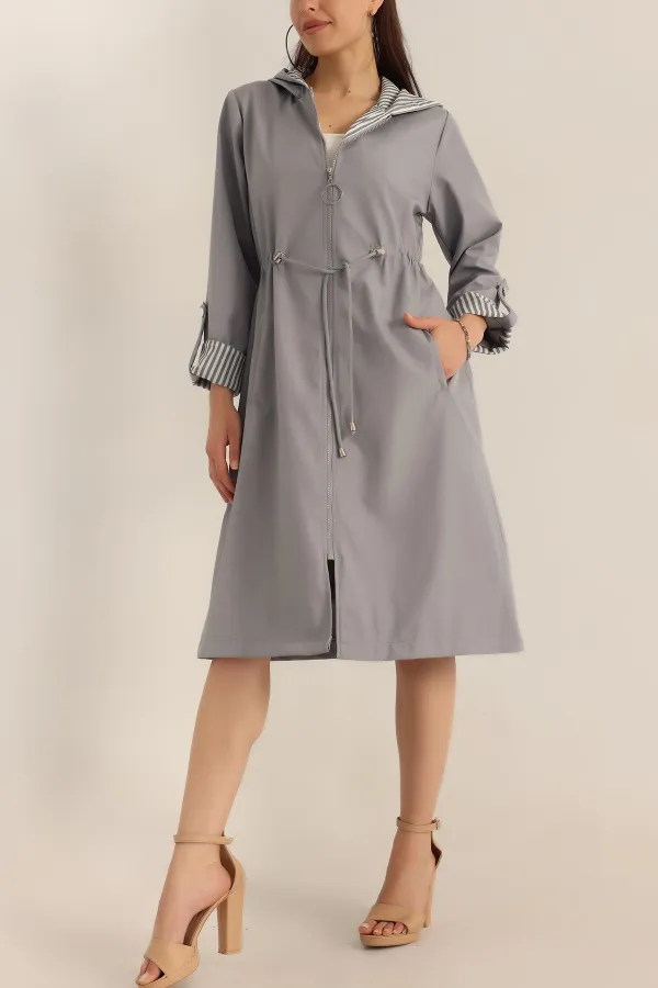 Trench-coat long à capuche gris pour femme avec cordon de serrage à la taille HZL22W-BD190911