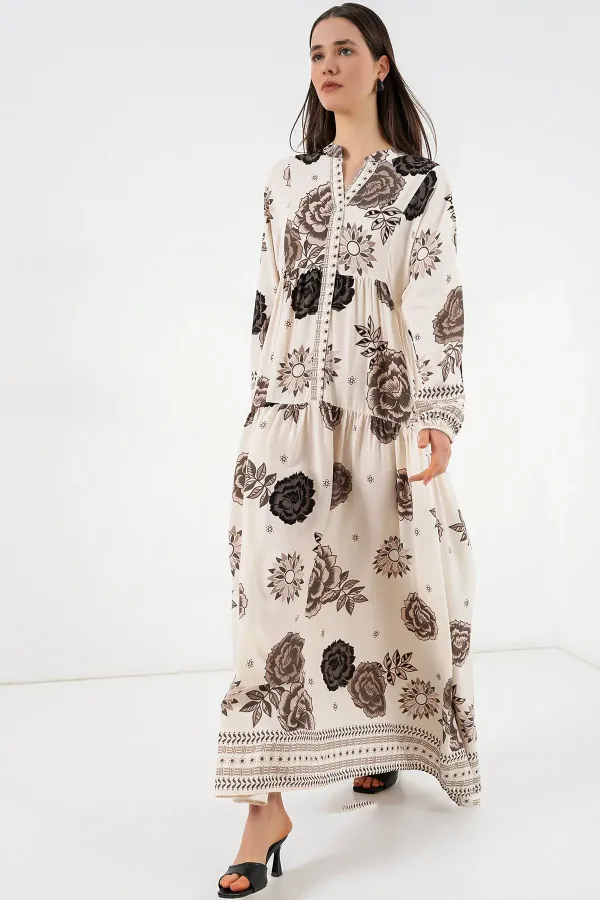Robe longue hijab à motifs pour femme 2585 - Beige clair