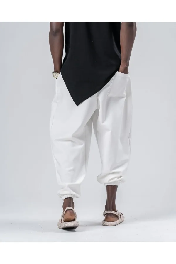 Men's White Elastic Waist and Leg Loose Cut Jogger Sweatpants HZL24S-MXC8989-311