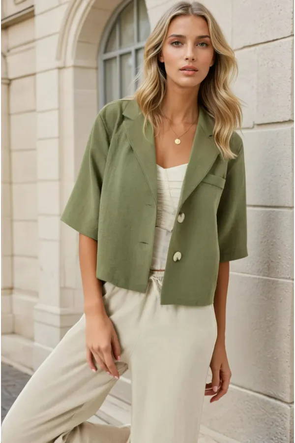 Veste Ayrobin en lin kaki à manches courtes et col châle pour femme, boutonnée, HZL24S-BD107061