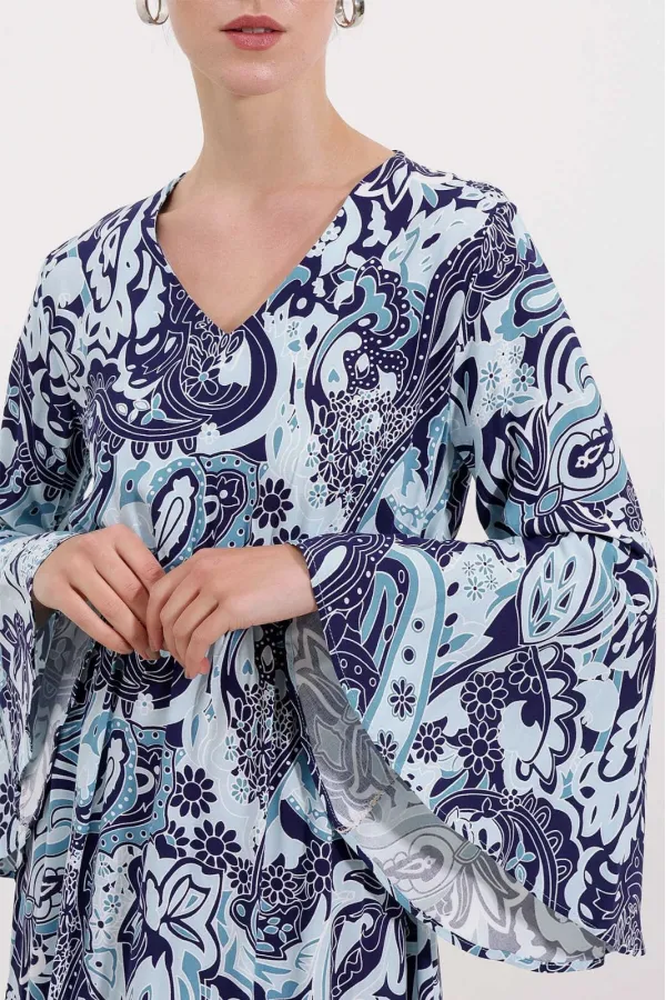 Kadın Turkuaz Desenli İspanyol Kol Beli Lastikli Uzun Yazlık Viskon Elbise HZL24S-BD124541