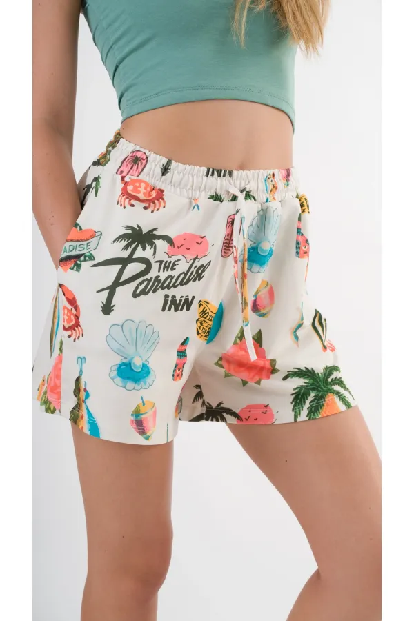 Kadın Çok Renkli Beli Lastikli Ve Bağlamalı Cepli Şort HZL24S-YY226