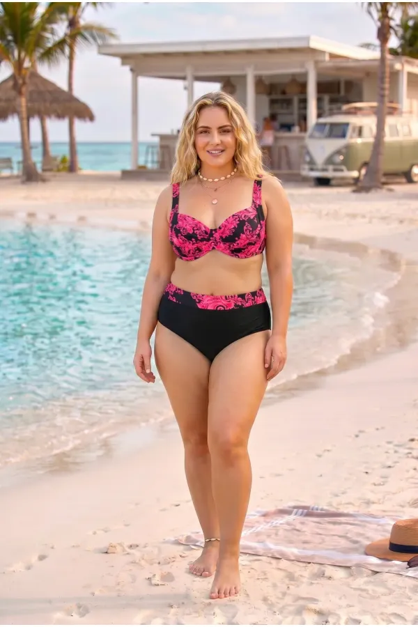 Women's Red Black Plus Size Baroque Pattern High Waist Shaping Bikini Set HZL26S-LC6138-2 Women's Red Black Plus Size Baroque Pattern High Waist Shaping Bikini Set HZL26S-LC6138-2