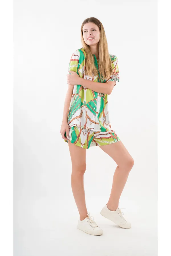 Kadın Fıstık Yeşili Desenli Şort Gömlek Alt Üst Takım  HZL24S-YY226