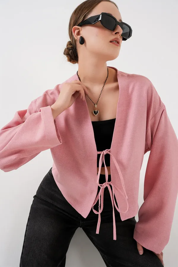 Önü Bağlamalı Keten Kimono 960 - Pudra