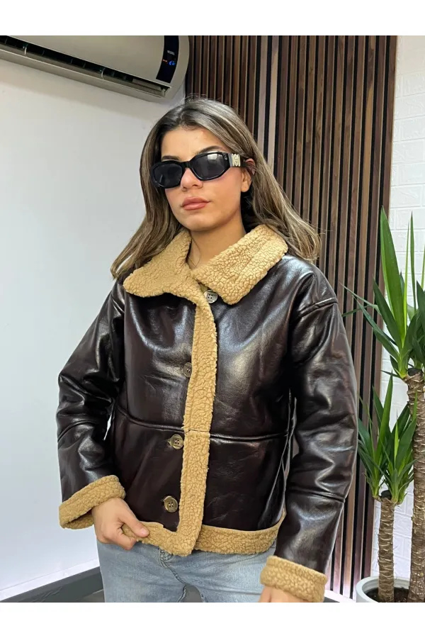 Kadın Acı Kahve İçi Suni Kürklü Önden Düğmeli Suni Deri Mont HZL23W-BRC129311