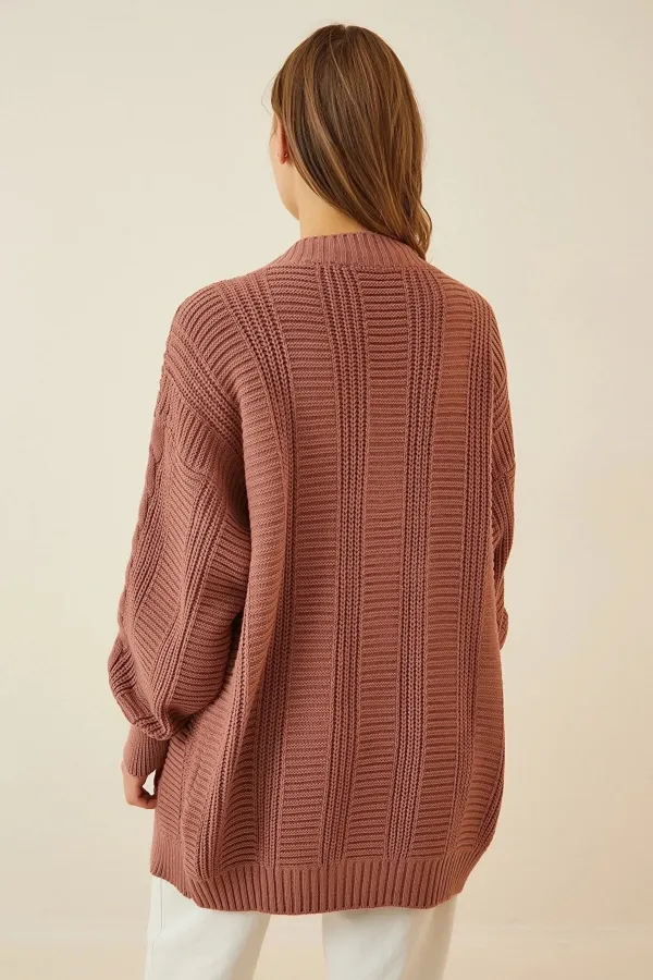 Women's Dusty Rose Hair Knitting Pattern Long Buttoned Casual Cut Knitwear Cardigan HZL23W-BD1100691