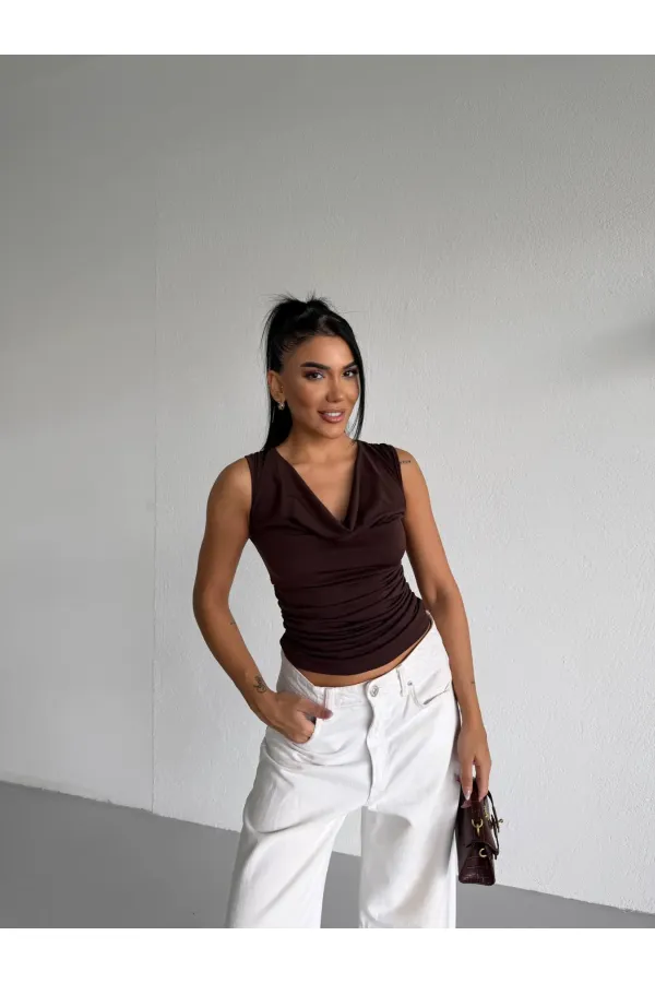 Kadın Kahverengi Degaje Yaka Yanlardan Drapeli Sandy Bluz HZL25S-FRY123131