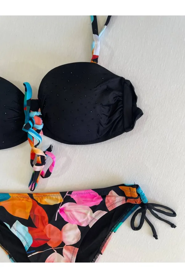 Ensemble bikini doublé brodé de pierres noires pour femme HZL25S-LC207