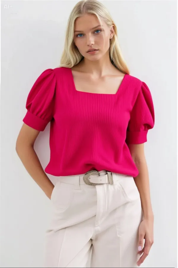 Women's Fuchsia Square Collar Knitted Blouse HZL22W-BD104091
