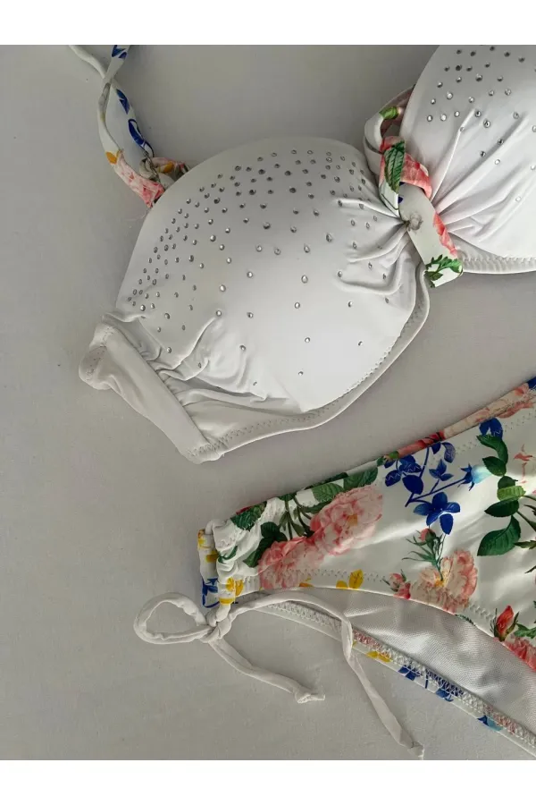 Ensemble bikini doublé brodé de pierres blanches pour femme HZL25S-LC208