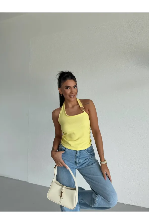 Kadın Sarı Ottoman Kumaş Halter Yaka Toka Detay Bluz HZL26W-FRY123321