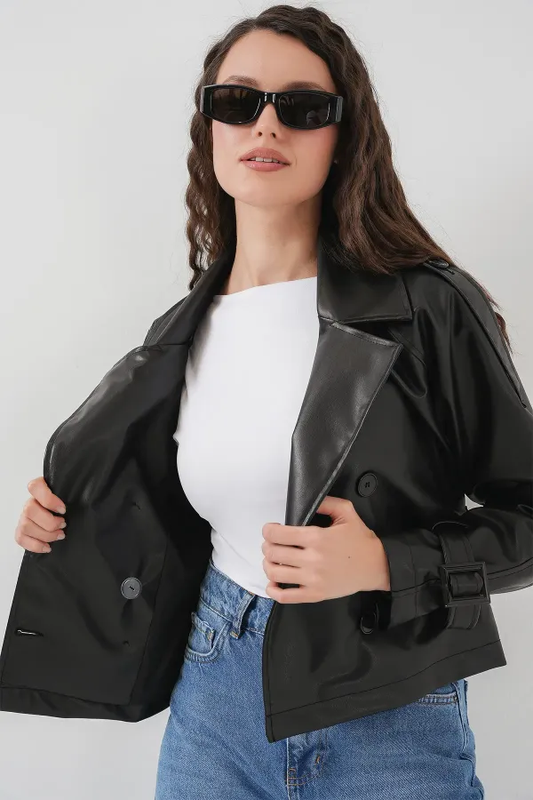 Women's Belted Faux Leather Jacket 1046 - Black