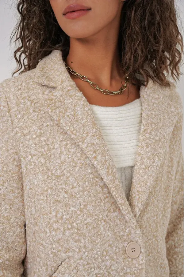Manteau en cachemire bouclé doublé crème chiné pour femme, à un bouton et double poche HZL22W-BD190821