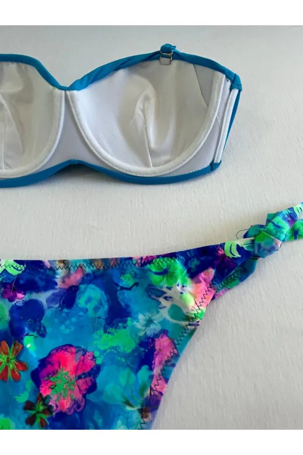 Kadın Mavi Taş İşlemeli Desenli Astarlı Bikini Takım HZL25S-LC203