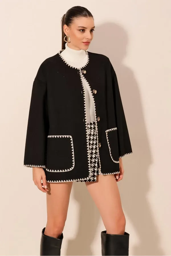 Veste en cachemire brodée Boyfriend 0690 - Noire