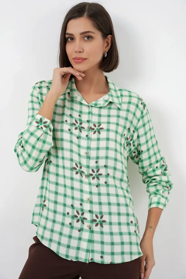 Women's Patterned Oversize Viscose Shirt 20371 - Green