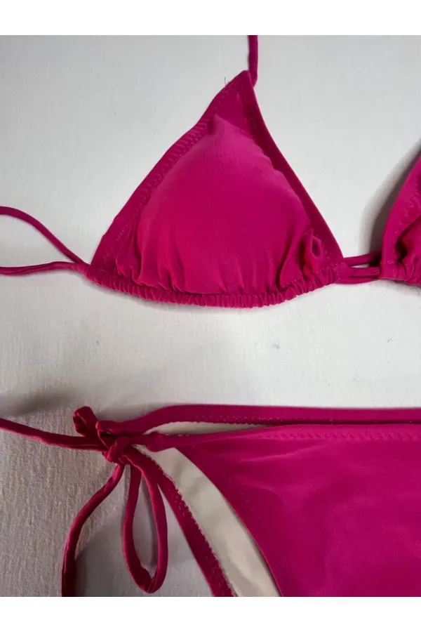 Kadın Koyu Pembe Boyundan İp Bağlamalı Üçgen Bikini Takımı HZL25S-LC5005