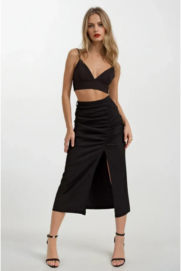 Women's Black Elastic Waist Slit Long Skirt HZL22S-BD118801