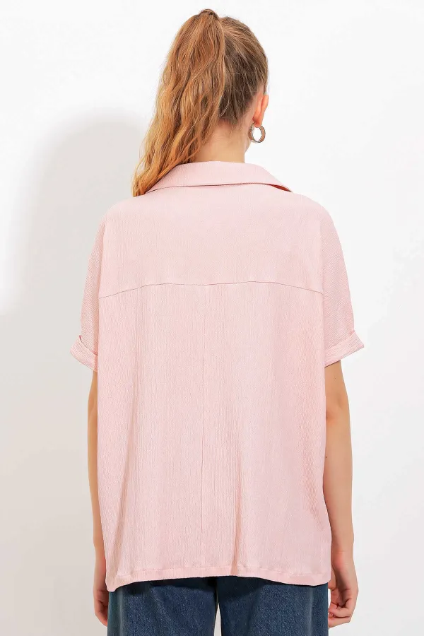 Kadın Pudra Pembe Polo Yaka Geniş Kesim Örme Bluz HZL24S-BD104861