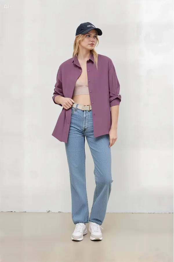 Kadın Koyu Lila Oversize Uzun Basic Gömlek HZL22W-BD139001