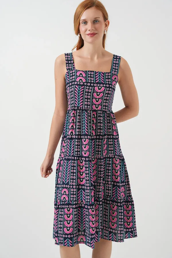 Robe midi à bretelles à motifs pour femme 2577 - Bleu marine