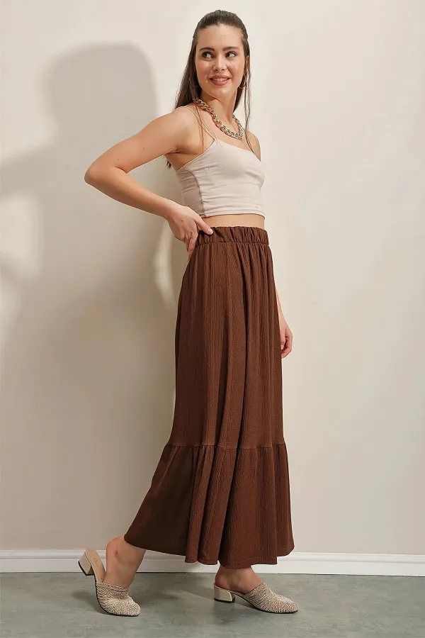 Women's Brown Elastic Waist Folded Long Skirt HZL23S-BD118861