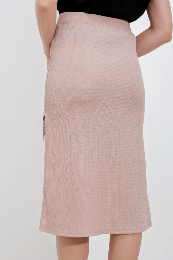 Kadın Bej Yırtmaçlı Püskül Taşlı Beli Lastikli Uzun Etek HZL24S-BD118901