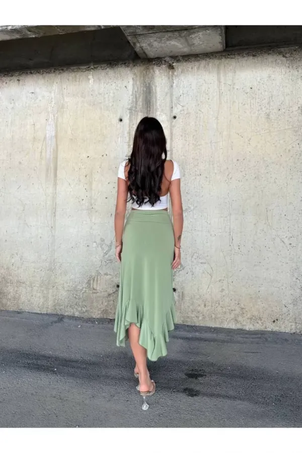 Kadın Yeşil Yüksel Bel Dalgıç Kumaş Asimetrik Kesim Etek HZL25S-ZK11701